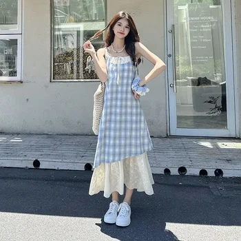 Abito a Canotta con Patchwork in Pizzo e Fantasia Scozzese da Donna, Nuovo Stile Estate 2026, Vestibilità Ampia e Snellente, Abito Finto Due Pezzi