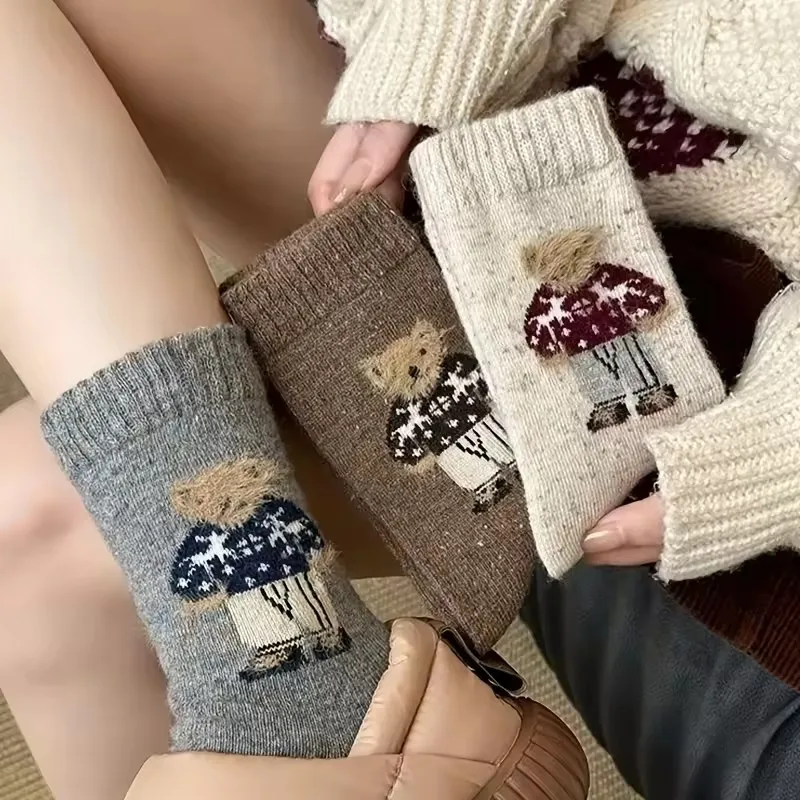 Socks for Girls Cartoon Little Bear Mid-Calf Socks Thickened for Autumn and Winter Warm Wool Slouch Socks