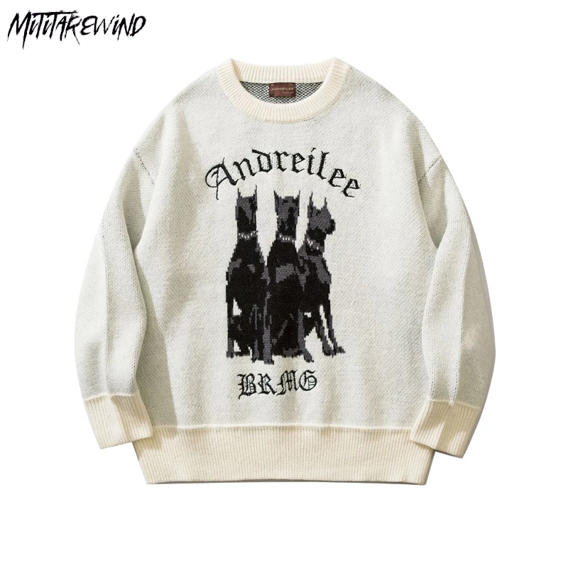 

3 Doberman Dog Graphic Streetwear Knitted Sweater High Street Men Casual Loose Vintage Autumn Fashion Pullover Sweater Unisex