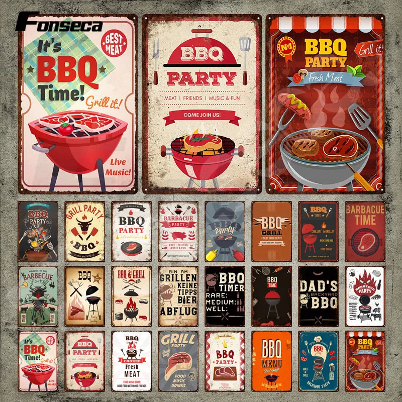 

BBQ Metal Plate It's BBQ Time Party Metal Sign BBQ Rules Vintage Tin Sign Wall Art Stickers Iron Painting for Courtyard Decor