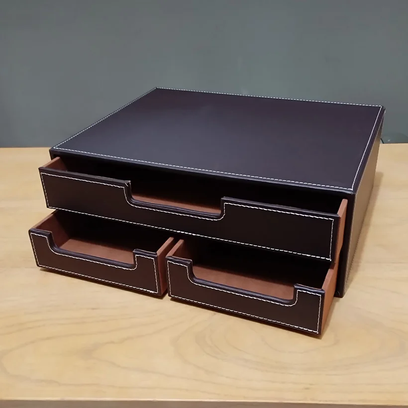 Double-layer Office drawer PU Leather Desk Filing Cabinet Stationery Box Container Organizer Document Tray Drawer Desktop Set