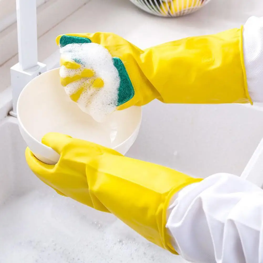 Dishwashing Cleaning Gloves 1 Pair Rubber Latex Material Scouring Pad Non-Slip Long Kitchen Bathroom