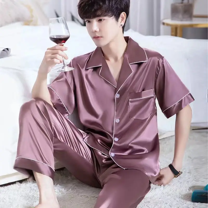 남성용 여름 아이스 실크 파자마: 반팔 상의와 긴 바지, 가볍고 단색, 고품질 라운지웨어 투피스 세트