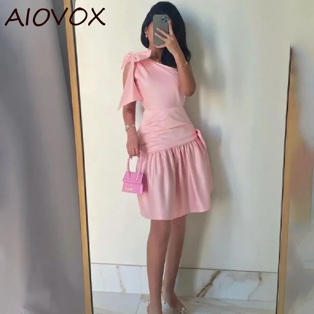 

Коктейльные платья выше колена AIOVOX, простое блестящее платье на одно плечо с розовым бантом, с рисунком в несколько рядов, فالراالراالراالراالرا2024