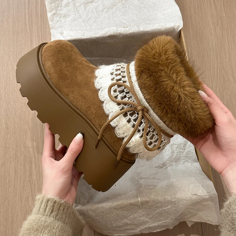 Luxury Bowknot Fluffy Fur Kawaii Snow Boots 2025 Winter Sweet Lace Suede Designer Ankle Boots Warm Plush Woman's Short Booties