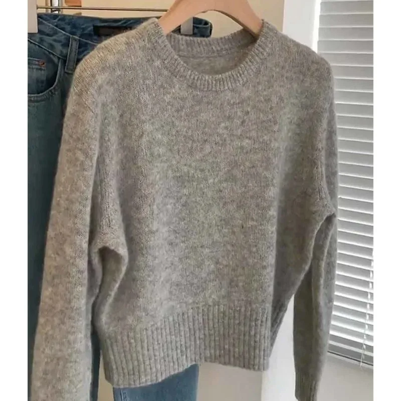 

Autumn Winter Mohair Sweater Gray Casual Basic Knitwear Long Sleeve Cashmere Pullover Warm Soft Wool Jumper E095