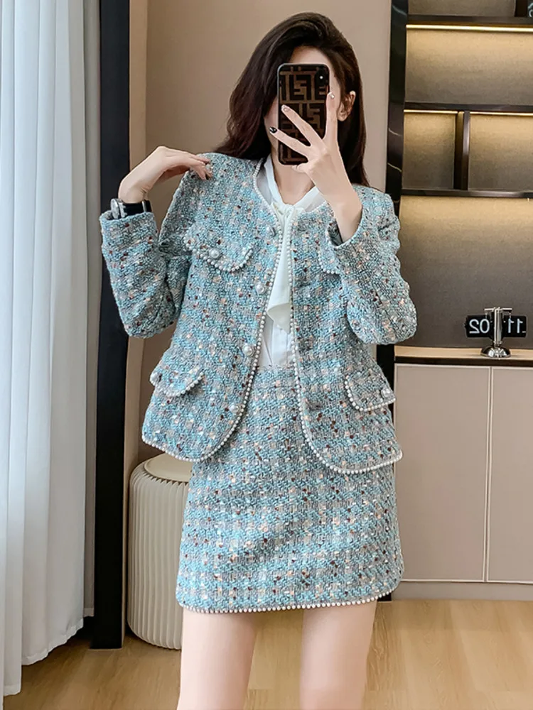 

2023 Autumn New Luxury Style Women's Tweed 2 Piece Sets Fashion Beaded Single-Breasted Short Coat High Waist Slim Skirt Outfits