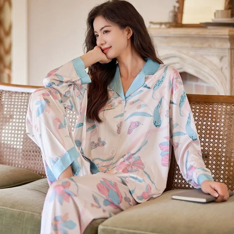 2024 New Women Spring Pajamas Long Sleeve High-End Ice Silk Simple Thin Homewear Suit Female Casual Large Size Sleepwear Set