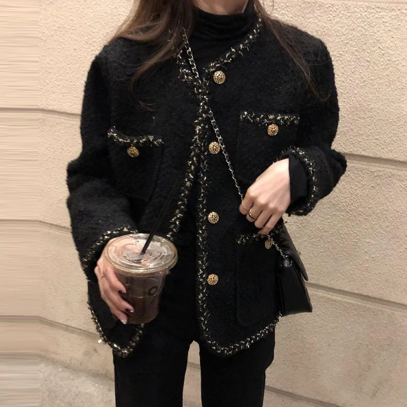 

Korean Woolen Tweed Coat Women Black Fall Winter Long Sleeve Short Jacket Office Lady Classic Button Kawaii Vintage Outwear S-Xl