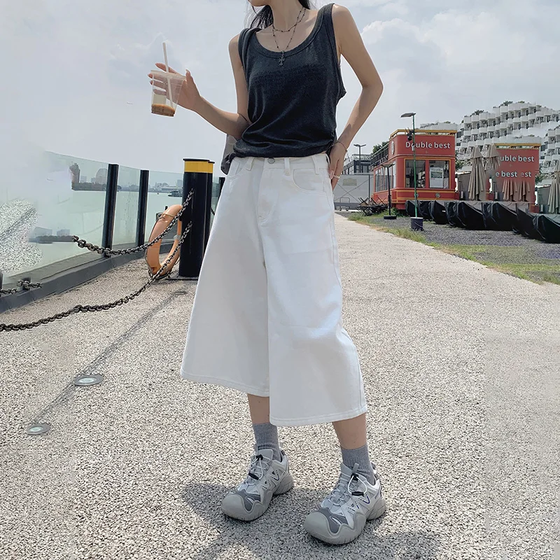 Wide Leg High Waisted Jean Shorts Loose American Retro White Denim