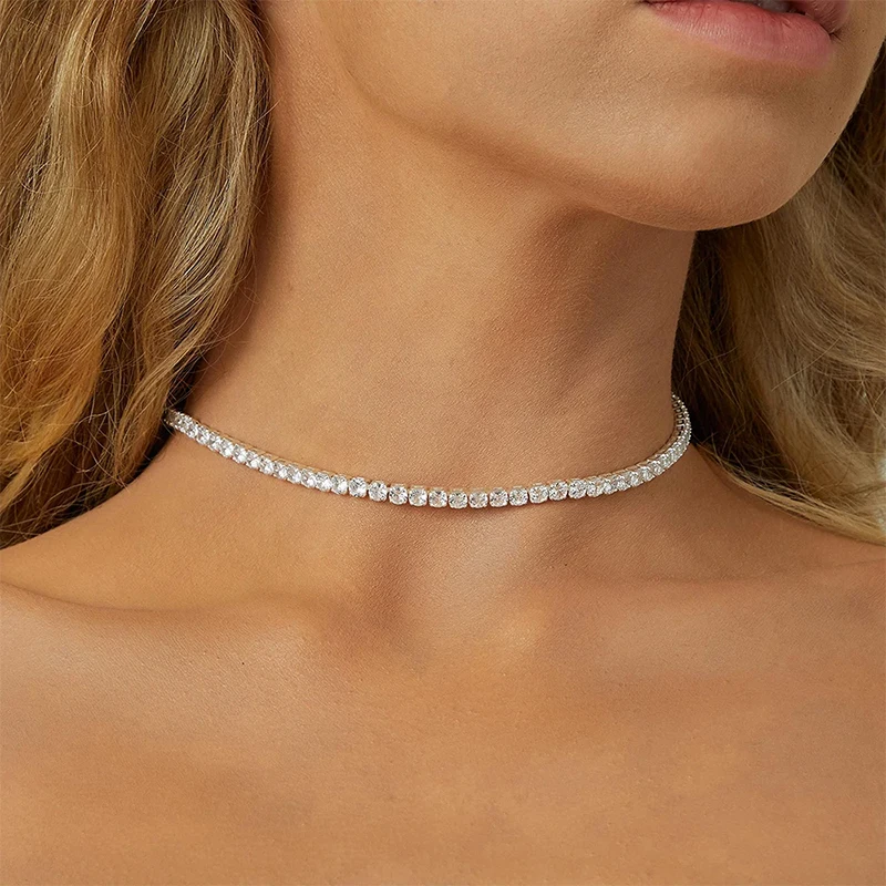 

2mm Moissanite Diamond Tennis Necklace for Women 925 Sterling Silver Plated 18k Gold Choker Necklace Collar Chain Jewelry