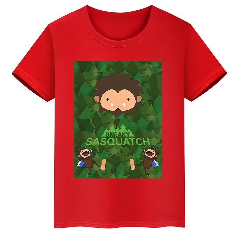 thumbnail image 1 of Camiseta de algodón roja de manga corta de verano para niños y niñas con estampado de cabeza grande de Sasquatch furtivo, 1 of 5