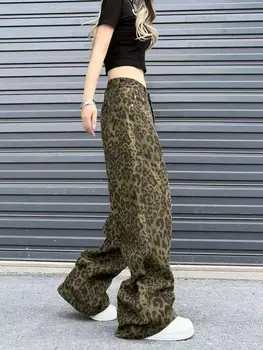 الخريف الربيع ليوبارد طباعة واسعة الساق الجينز النساء الدنيم السراويل خمر موضة الإناث عالية الخصر عادية مستقيم الجينز بنطلون 3
