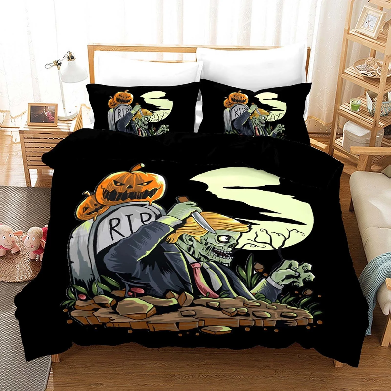 

Happy Halloween King Queen Duvet Cover Orange Pumpkin Theme Bedding Set for Kids Teens Adults Bats Horror Festival Quilt Cover