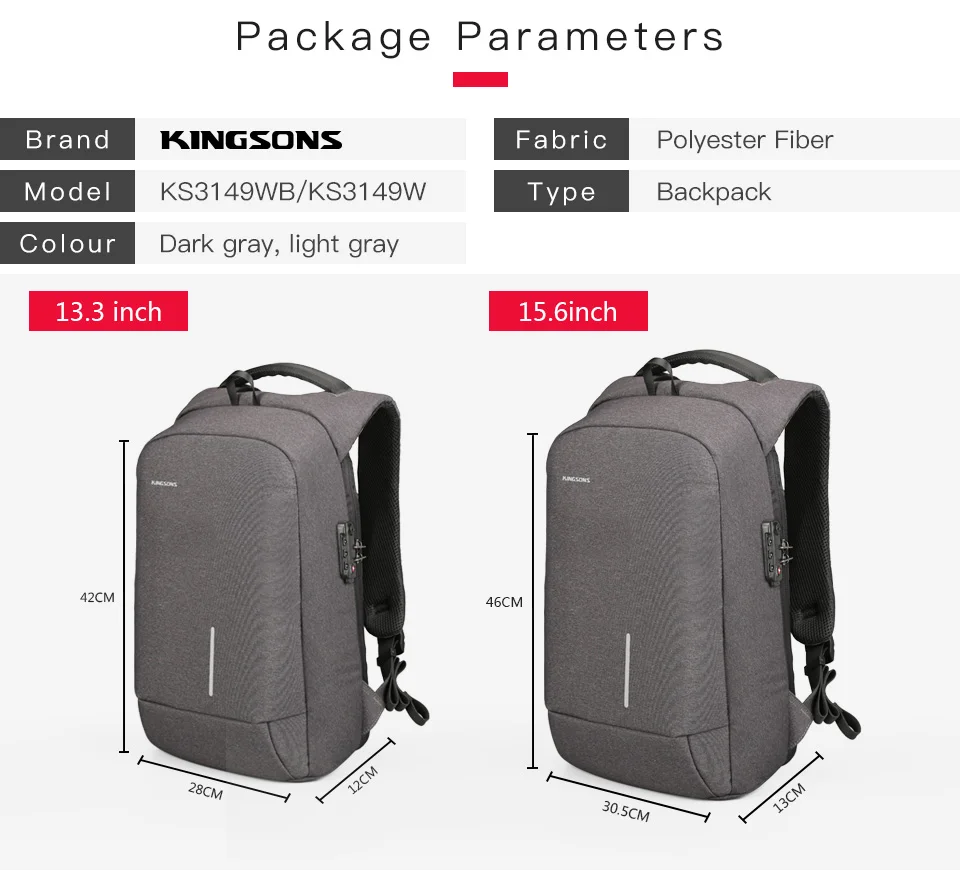 Kingsons Men's Backpack Fashion Multifunction USB Charging Men 13 15 inch Laptop Backpacks Anti-theft Bag For Men images - 6