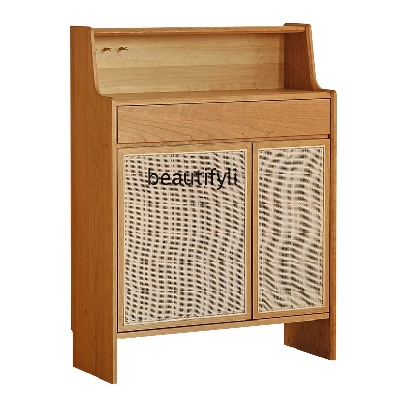 

Rattan Shoe Cabinet Nordic Solid Wood Small Apartment Double-Door Multi-Functional Living Room Storage Locker