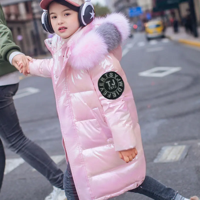 Children Jackets 3-14 Years Old Winter Boys Girls Long Style Hooded Fur Collar Coat
