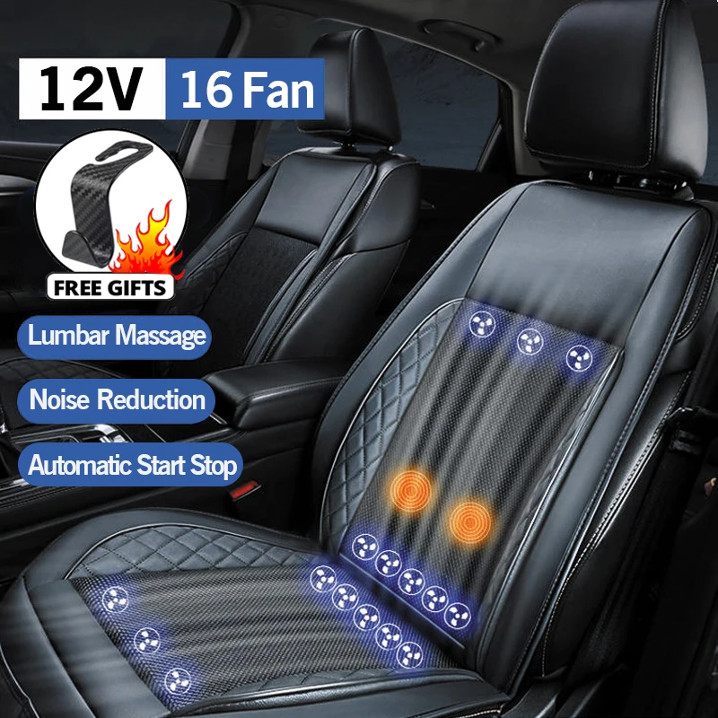 thumbnail image 1 of Cojín de asiento de coche con aire fresco de verano con espaciador 3D de 12 V CC y masaje, ventilación de soplado rápido, asiento de refrigeración con almohadillas, 1 of 5