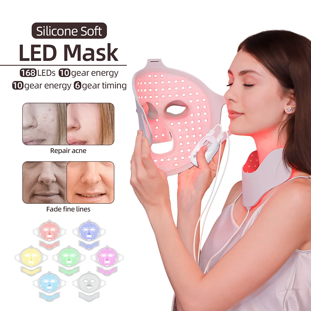 Face Neck Silicone LED Mask 7 Colors LED Light Photon Red Light Therapy 3D Flexible Facial Mask