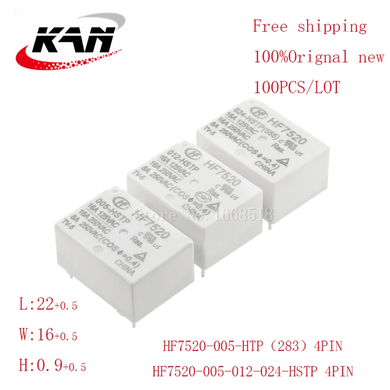 

Free shipping 100pcs relay HF7520-005-HSTP HF7520-012-HSTP HF7520-024-HSTP 5VDC 12VDC 24VDC 16A 250VAC 4PIN Original New