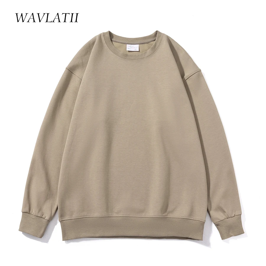 WAVLATII 2023 New Women Simple Style Khaki Sweatshirts Female Fashion Streetwear Soild O-neck Hoodie Casual White Tops WH2219