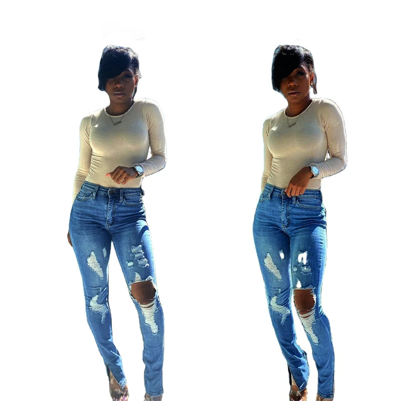 

2023 New Arrival Sexy Fashion Slit Hole Ripped Slim Blue Jeans Women High Waisted Casual Denim Pencil Pants Trousers Streetwears