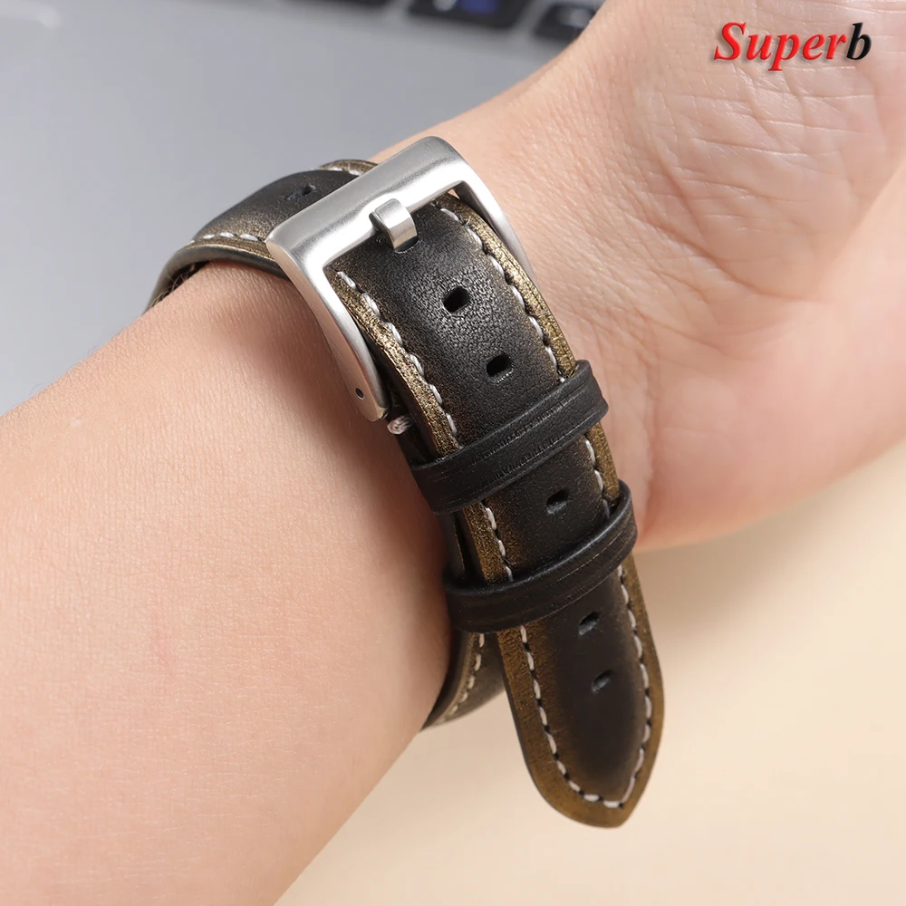 Vintage Brown Oil Wax Leather Watch Strap with Quick Release Pin Buckle