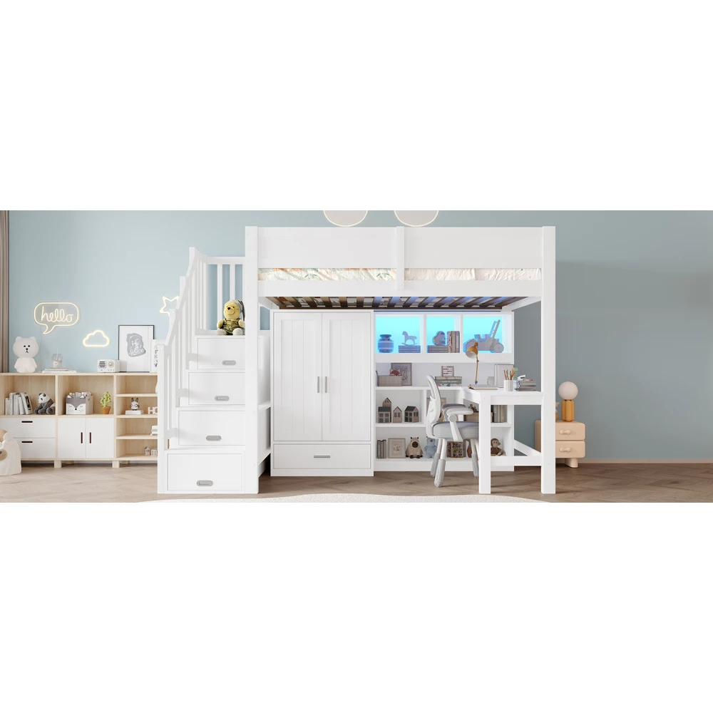 90x200cm Kinderzimmer-Hochbett mit Schreibtisch, Regal und Kleiderschrank, modernes Kinderbett mit Stauraumtreppe und LED-Leuchten, weißes Etagenbett – Detail 15
