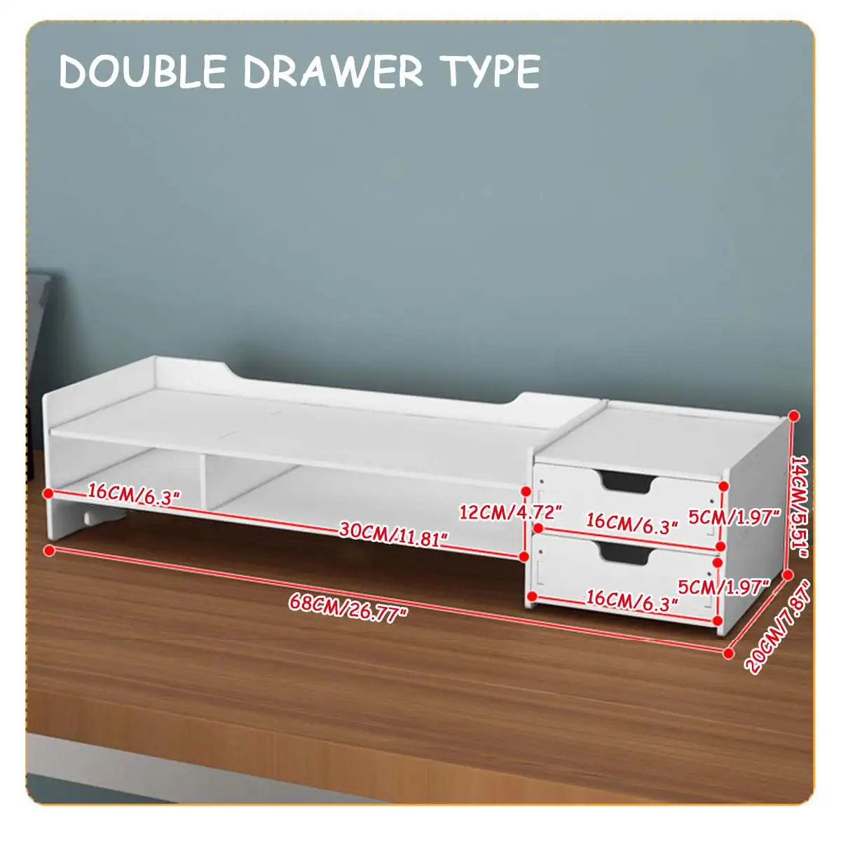 Monitor Laptop Stand PC Computer Support PVC Wood Desktop Shelf Drawers Storage Screen Riser Holder Desk Organizer E