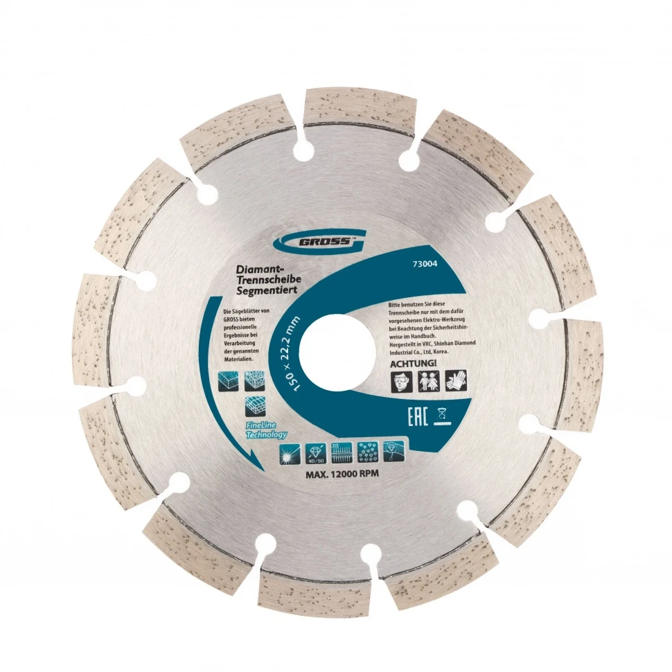 Диск алмазный GROSS 73004 (диаметр 150 мм; алмазный слой 10 мм; до 12000 об/мин; для сухой резки; сегментированный)