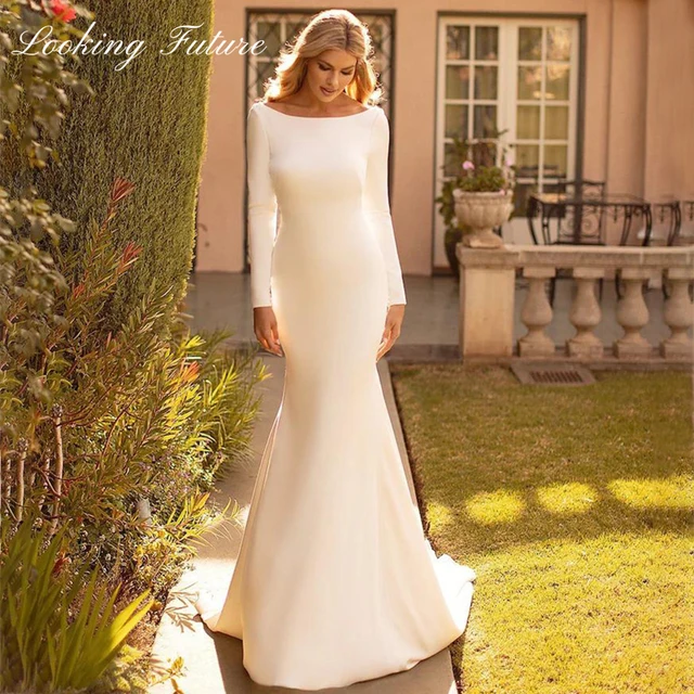 Elegant Mermaid Wedding Dresse Satin Cowl Back O-Neck Bridal Gown Simple  White Long Sleeves Vestido de Novia 2024 Sweep Train - AliExpress