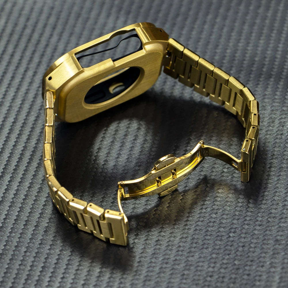 Kit de modification en métal de luxe pour Apple Watch Ultra 49MM Couverture de boîtier en acier inoxydable pour IWatch 49MM Bande de bracelet en caoutchouc Refit MOD_voghion.com