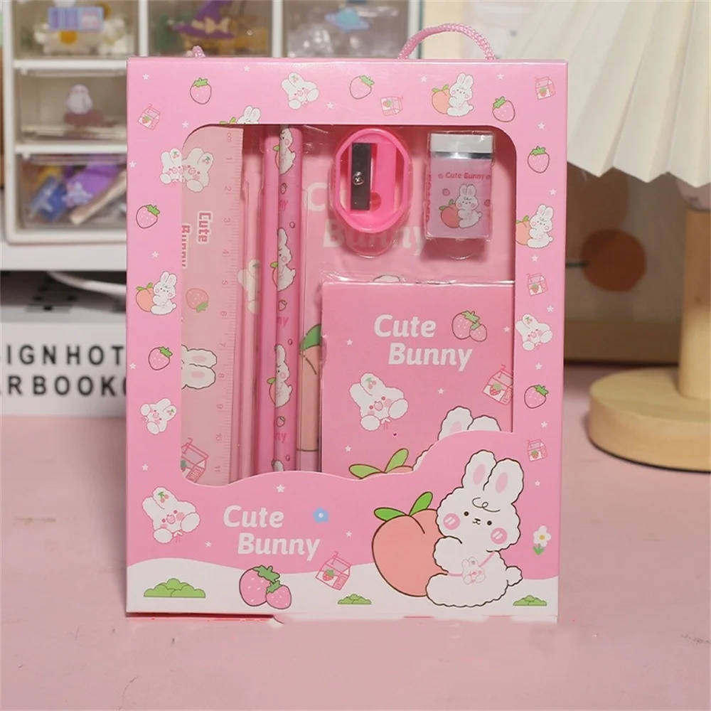 Cartoon Rabbit Pencil Ruler Eraser Sharpener Stationery Set Student School Office Writing Supplies Kindergarten Kids Gift