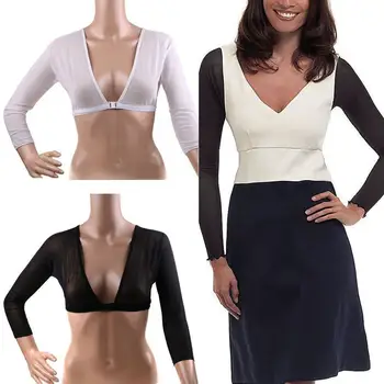 Top da donna con maniche inferiori T-shirt a maniche lunghe con bottoni frontali alla moda Top con supporto in rete Maniche bianche Copri braccio Top con spalle 1