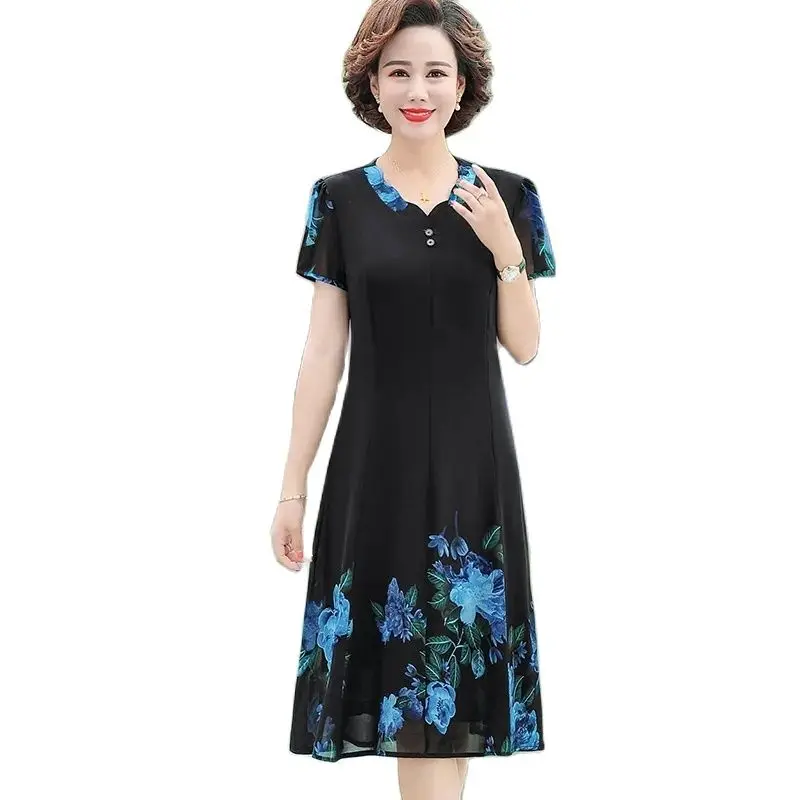 

Middle Aged Women's Dress Vestidos Sundress New 2023 Summer Chiffon Short Sleeve Print Dress Loose Elegant Female Dresses 5XL