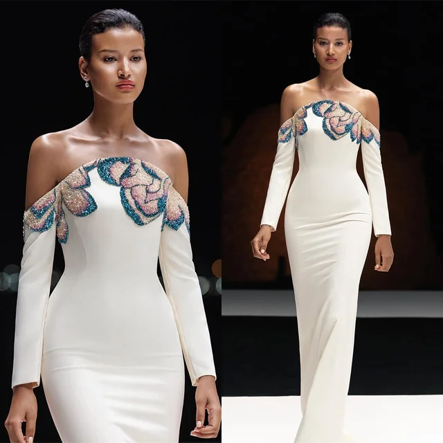 Customized Mermaid Formal Jersey Evening Dress Temperament Strapless Long Sleeves Homecoming Dresses Fashion Party Gowns 2