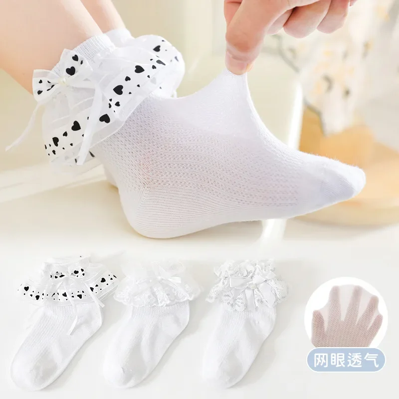 Cute Bow Heart Lace Stitch Frilly Ruffle Solid White Lolita Ankle Socks New Summer Mesh Cotton Mesh Thin Clothes for Baby Girls