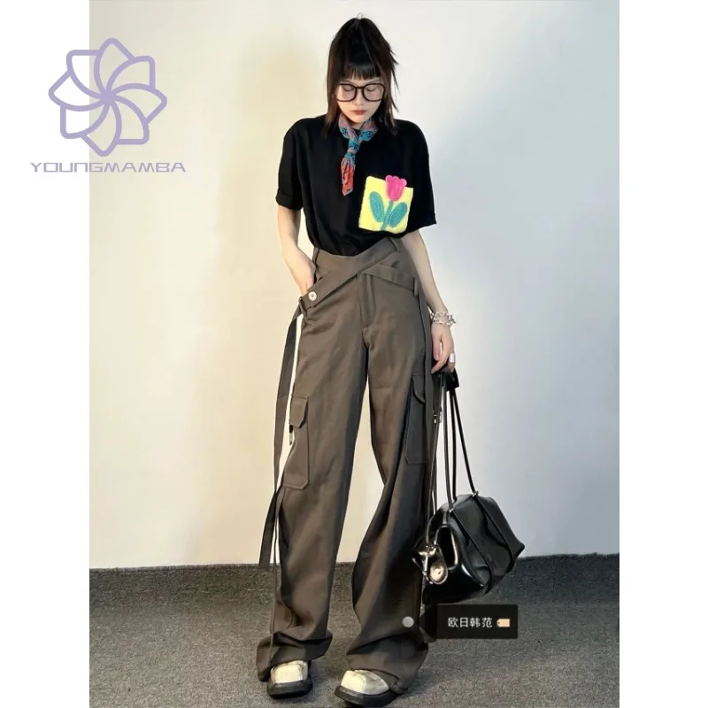 

American Style High Street Retro Low Waisted Straight Leg Cargo Pants for Women Large Size Loose Casual Trousers