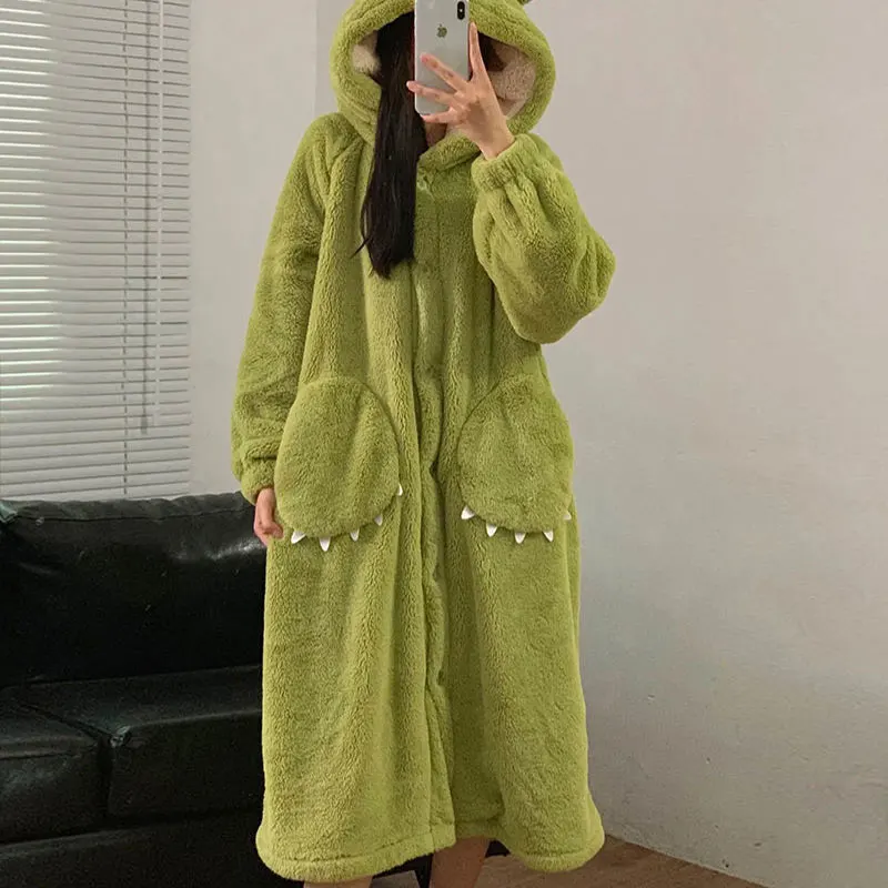 Plus Size Cartoon Long Robe Couple Models Hooded Pajamas Facecloth Bathrobe Autumn and Winter Coral Fleece Robe Women Homewear 4
