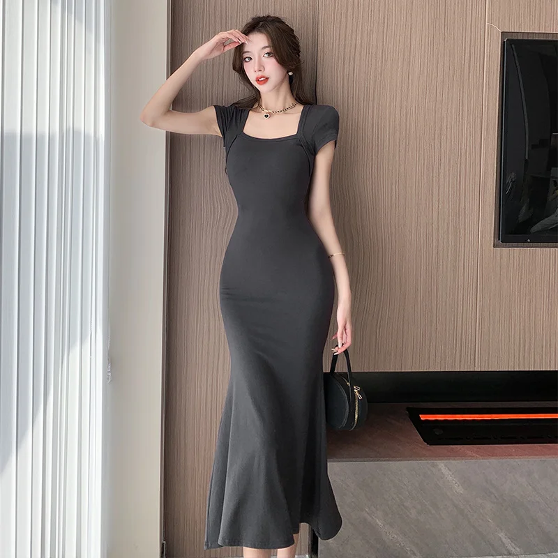 

French Premium Black Slim Mermaid Dress Women Summer Casual Simple Solid Long Dress Korean One Piece 2023 Comfy Daily Dress Grey