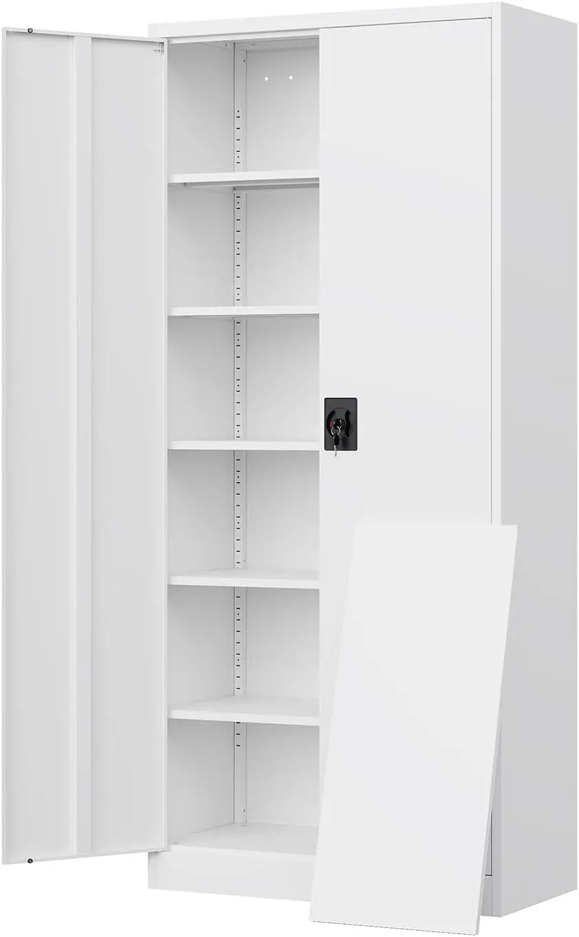 Yizosh Metal Garage Storage Tool Cabinet with Lock 71" Locking 2 Doors 5 Shelves Tall Steel Garage Heavy Duty File (White) 2