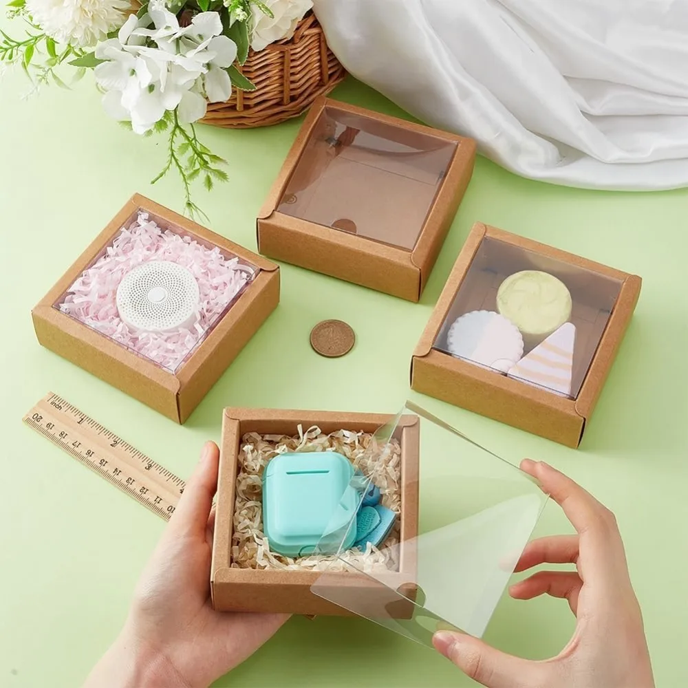 20Pcs 3.3&times;3.3&times;1.3Inches Brown Square Paper Boxes with Clear PVC Window Paper Favor Treat Boxes for Wedding Favor Festival Gift