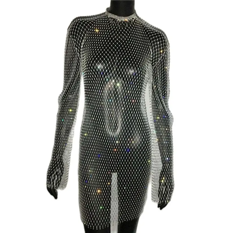 Sparkly Rhinestones Hollow Out Fishnet Dress Women Long Sleeve O