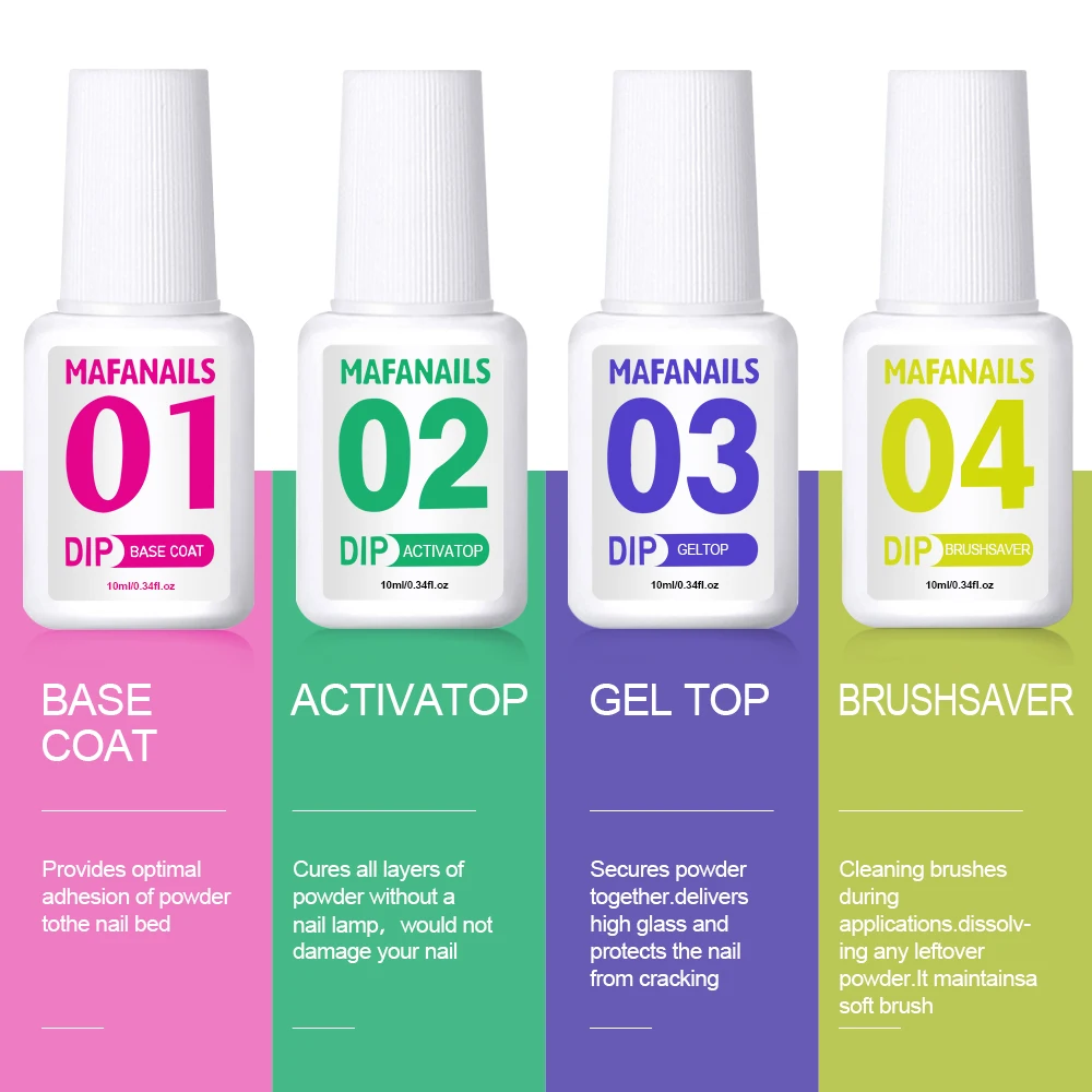 10ml 4 Steps Dip Powder Liquid Set with Activator Base Top Coat and Dipping Powder Brush Saver nail powder nail powder set For Dip Acrylic-Nail Kit