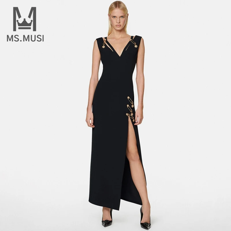 

MSMUSI 2023 New Fashion Women Sexy Tank Strap Safety Pin Bandage Sleeveless Backless Bodycon Party Club Maxi Dress Long Gown