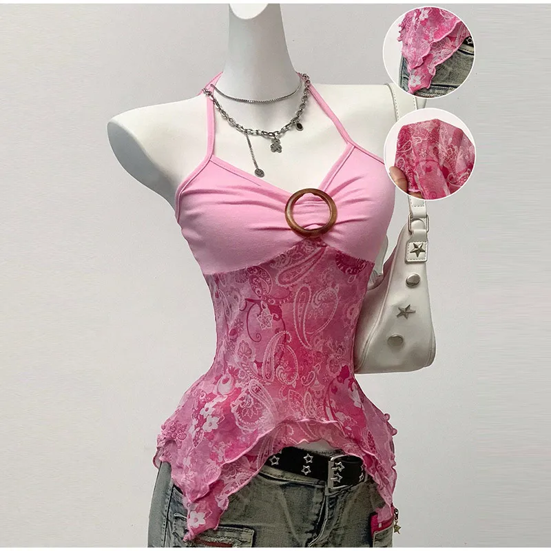 Pink Spicy Girl Sleeveless Mesh Splice Slim Fit Top - Elegant Commute Style