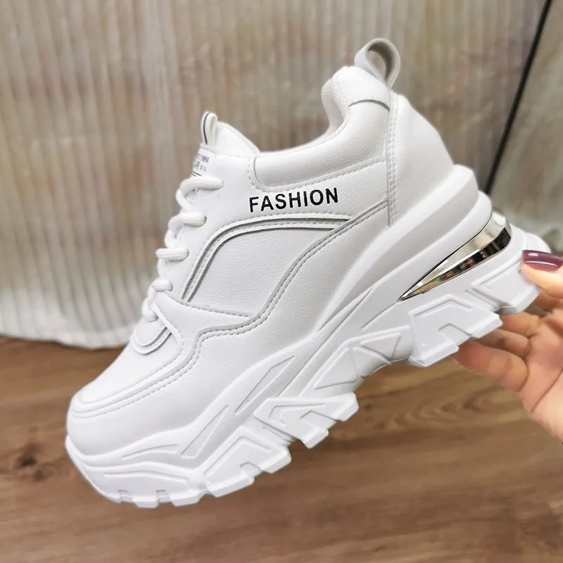 

PU Leather Chunky Sneakers Women Autumn Winter Platform Vulcanize Shoes Woman Thick Bottom Hidden Heels Sport Shoes Black White