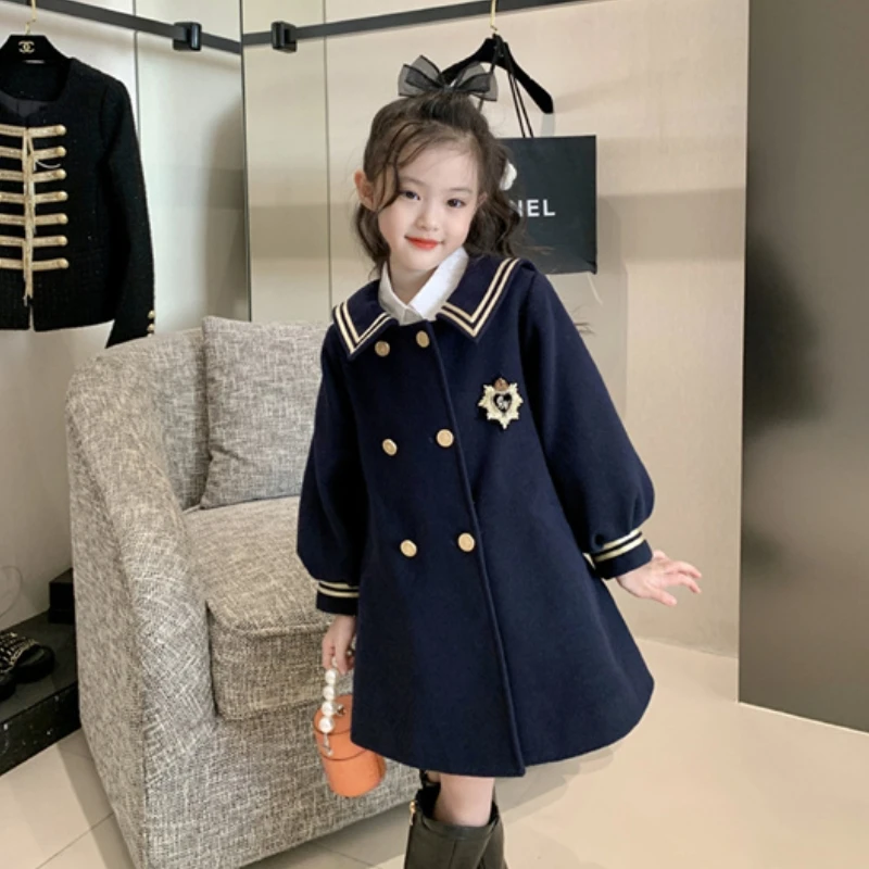 Girls Woolen Coat Jacket Cotton Cloak Windbreak 2023 Elegant Warm Plus Thicken Velvet Winter Autumn Party Children's Clothing