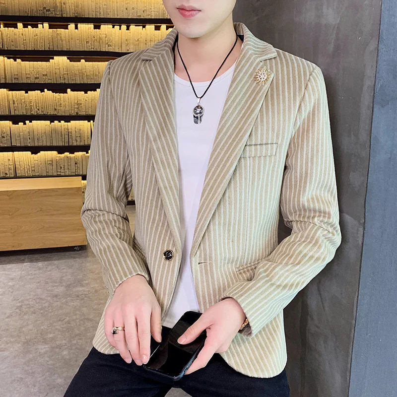 

2023 High Quality Autumn Striped Fashion Woolen Suit Korean Version of The Trend Handsome Casual Small Suit Men's Coat Top