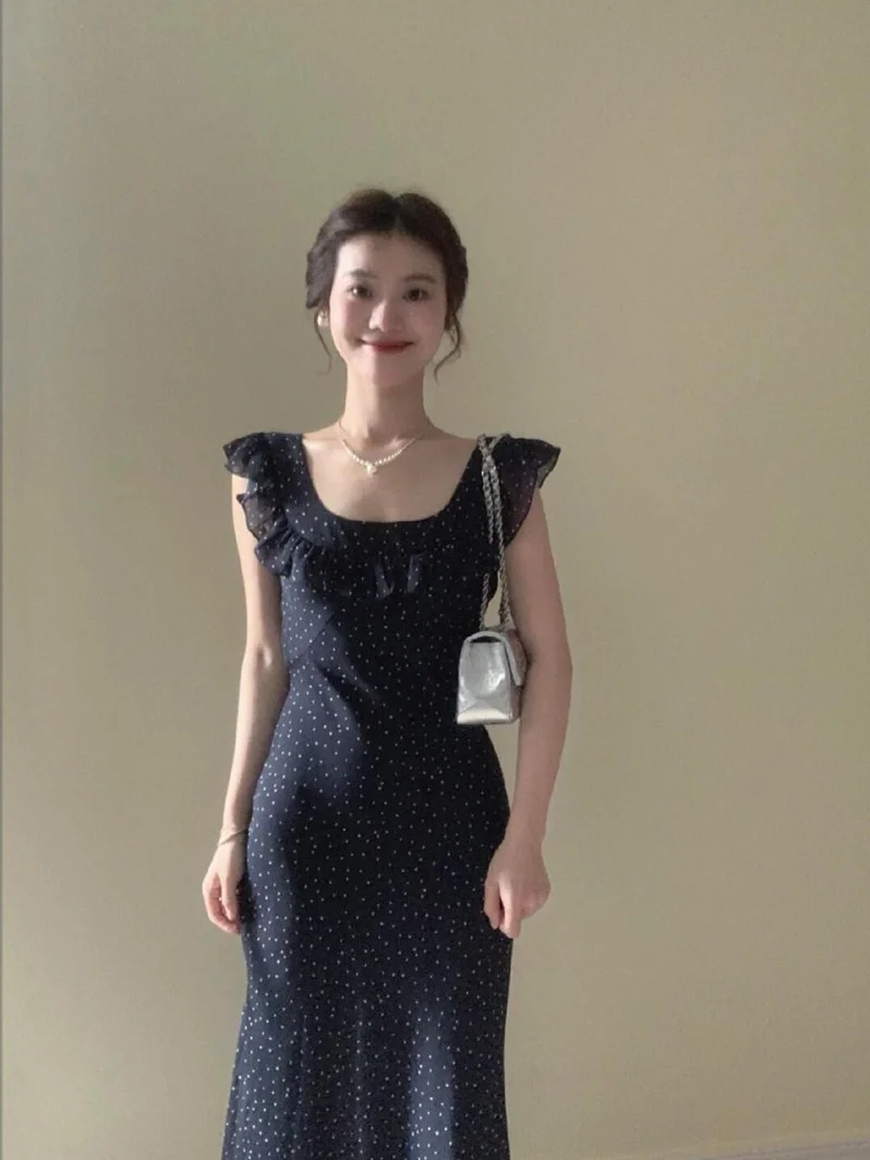 

Ruffle Polka Dot Midi Dress Chiffon Elegant Vestido De Mulher Sleeveless Black Maxi Dresses French Summer Dress 2024 Slim Jurken